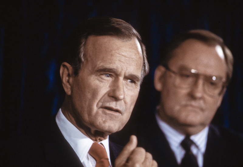 Vice President George H.W. Bush (foreground) at campaign stop in Chicago with Republican Gov. James Thompson, November 1987Mark Reinstein/Corbis via Getty Images